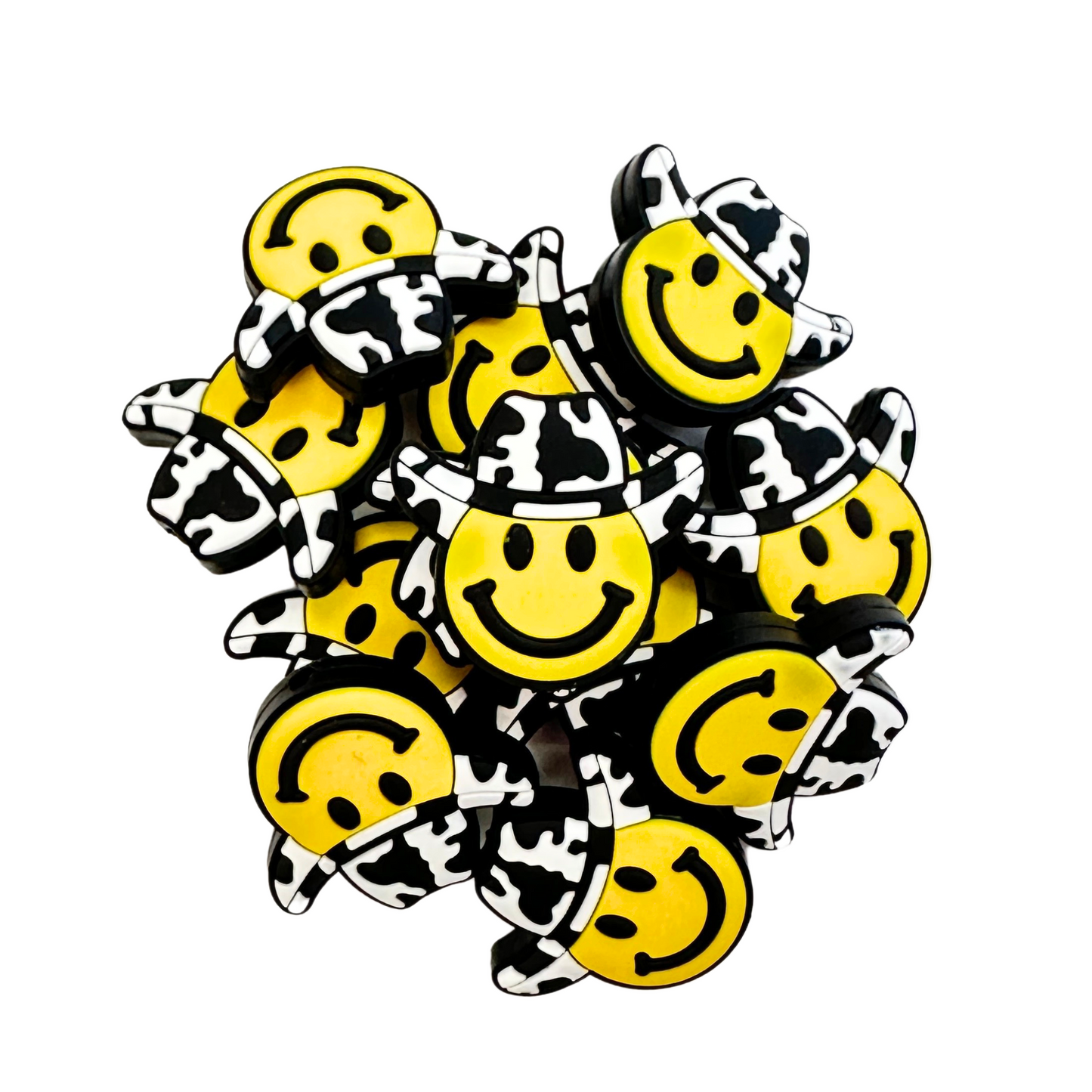 Smiley Happy Face Cow Print Hat Silicone Focal Bead | 12 Pack