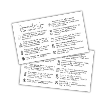 Squeezable Wax Squeezy Care Instruction Cards | 50 pk 3.5x2”