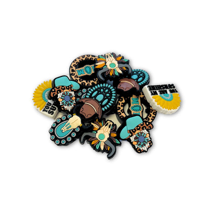 Leopard Turquoise Western Cowboy Hat, Skull, and Sunshine Mom Mixed Bulk Silicone Focal Beads 12pk