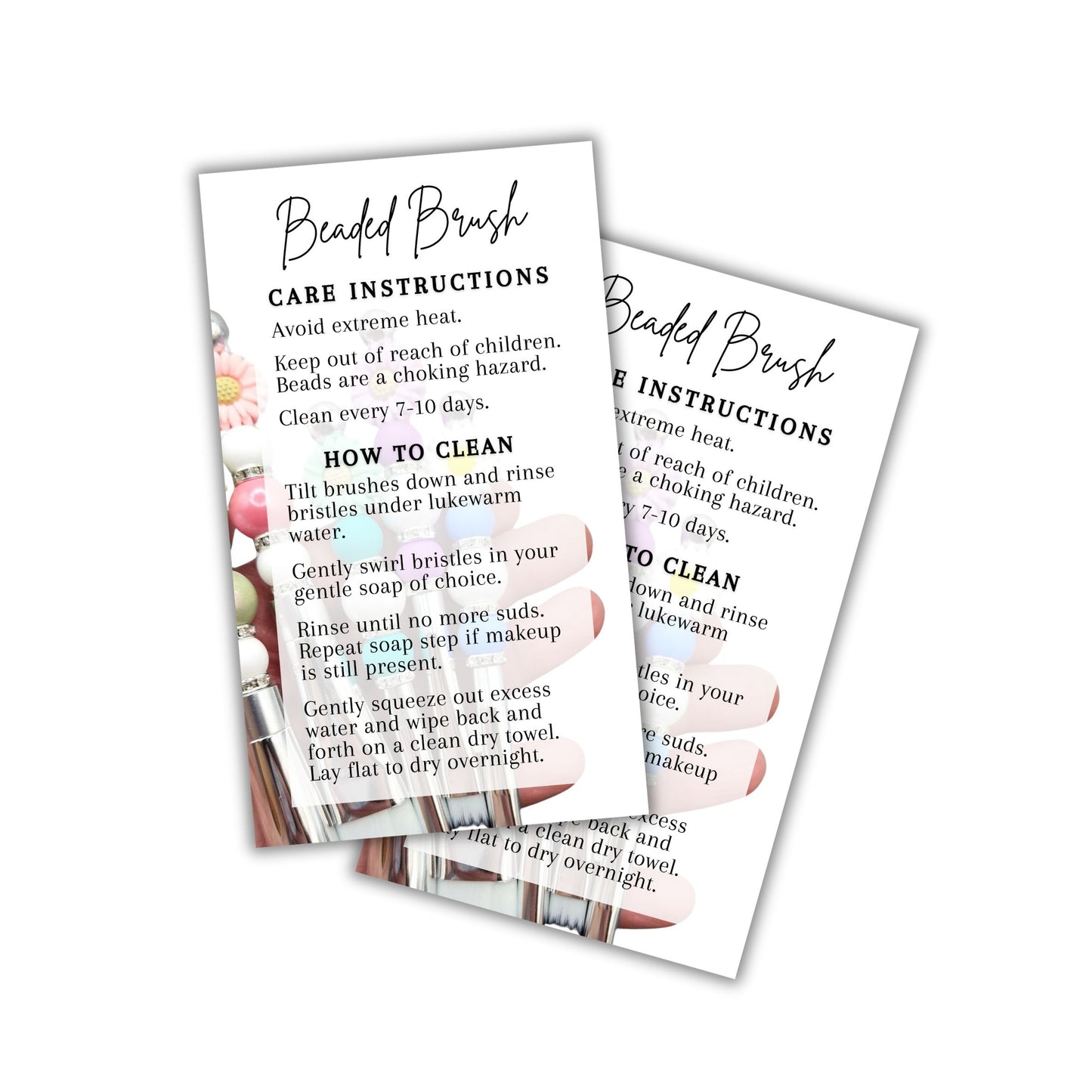 Beaded Makeup Brush Care Instructions & How To Clean Cards | 50 pk 2x3.5”