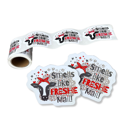 Freshie Sticker Smells Like Freshie Mail Care Instructions | 100 pcs roll | 3x2” | Leopard Cow Fringe