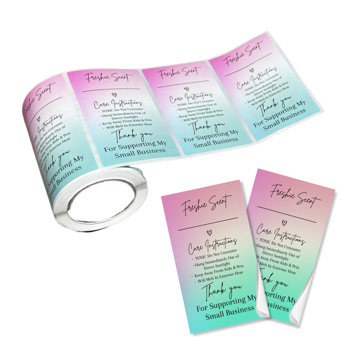 Freshie Warning Care Instruction Card Stickers | 200 Sticker Roll | 2x3.5” | Rainbow Ombre Pink Green