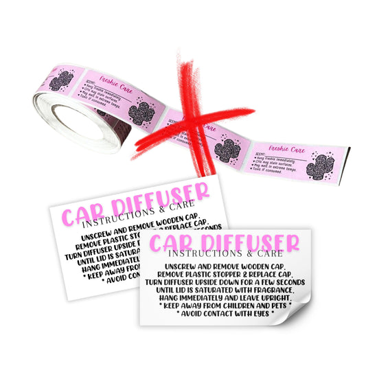 Car Oil Hanging Diffuser Care & Instructions Labels | 250 pc Roll 1.25” x 2.25” Pink