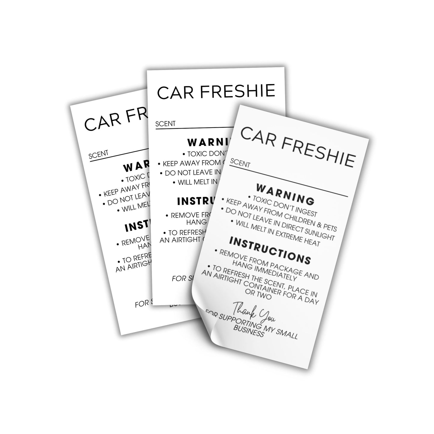 Freshie Care Instructions and Warning Labels Stickers | 2x3.5” 250 pc Roll Car Air Freshener Cards Inserts for Holographic Bag Package Write in Scent