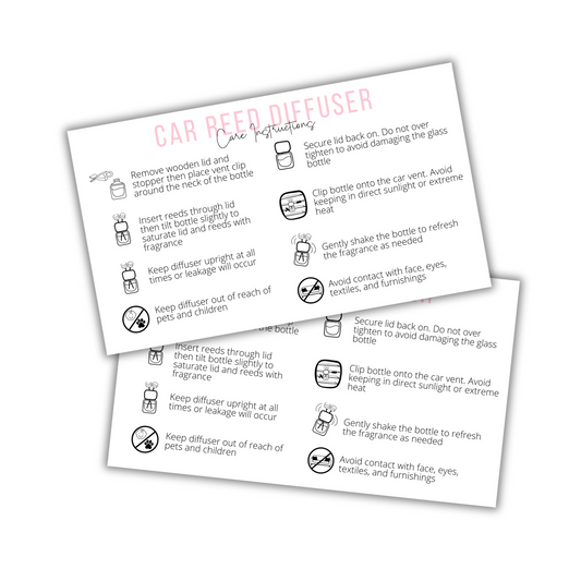 Reed Vent Car Oil Diffuser Care Instruction Card | 50 pk 2x3.5”