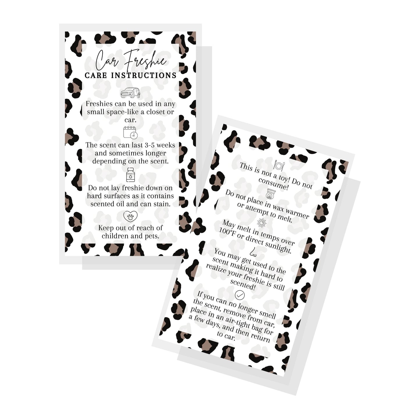 Car Freshie Care Instructions | 50 Pack | 2 x 3.5” inch Business Card| Leopard Design