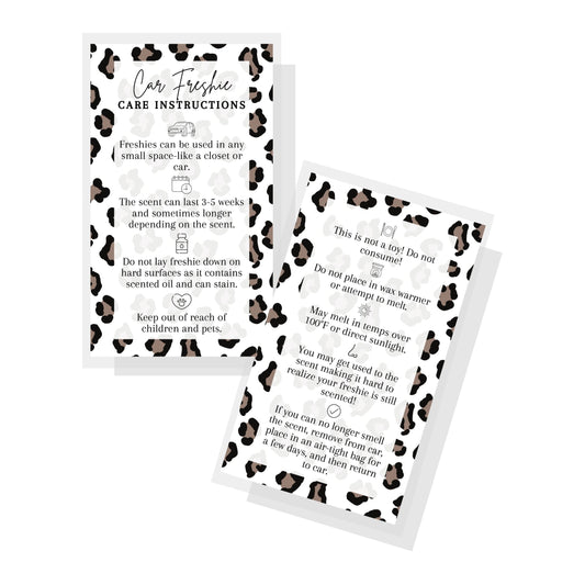 Car Freshie Care Instructions | 50 Pack | 2 x 3.5” inch Business Card| Leopard Design
