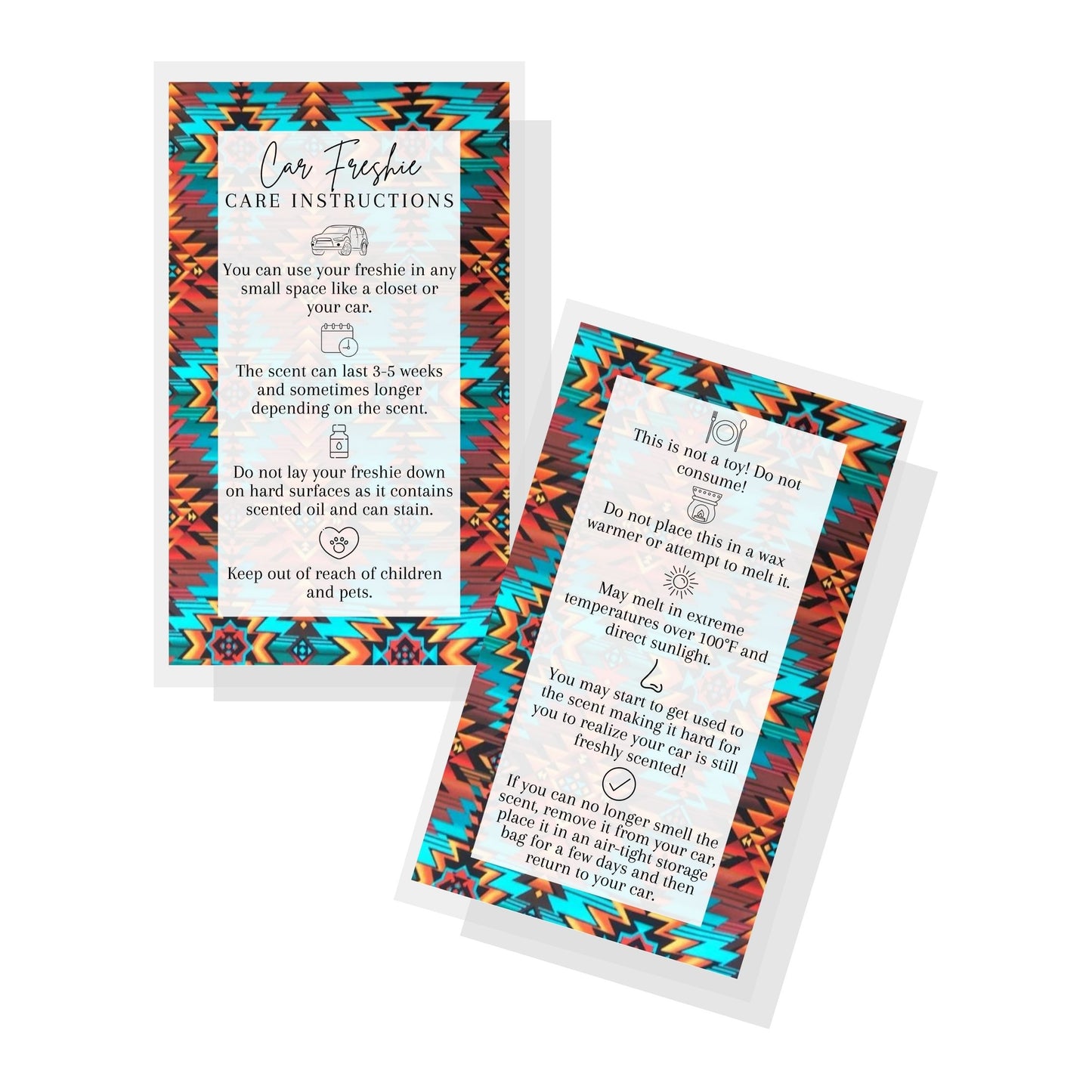 Car Freshie Care Instructions | 50p pack | 2x3.5" inches Business Card | Western Aztec Sarape Design