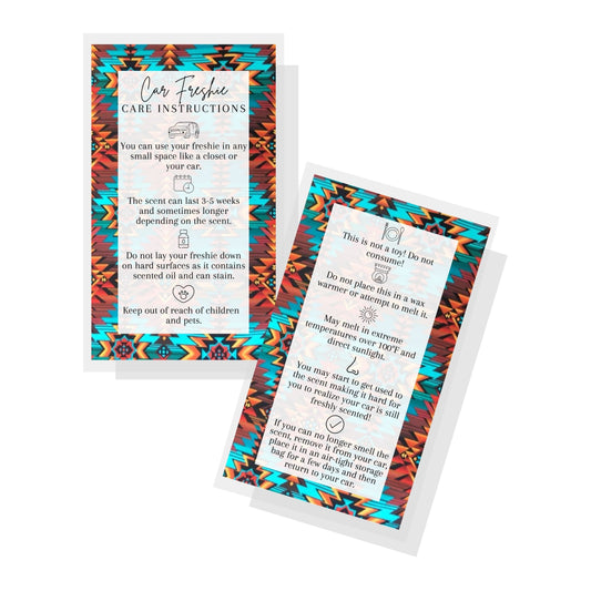 Car Freshie Care Instructions | 50p pack | 2x3.5" inches Business Card | Western Aztec Sarape Design