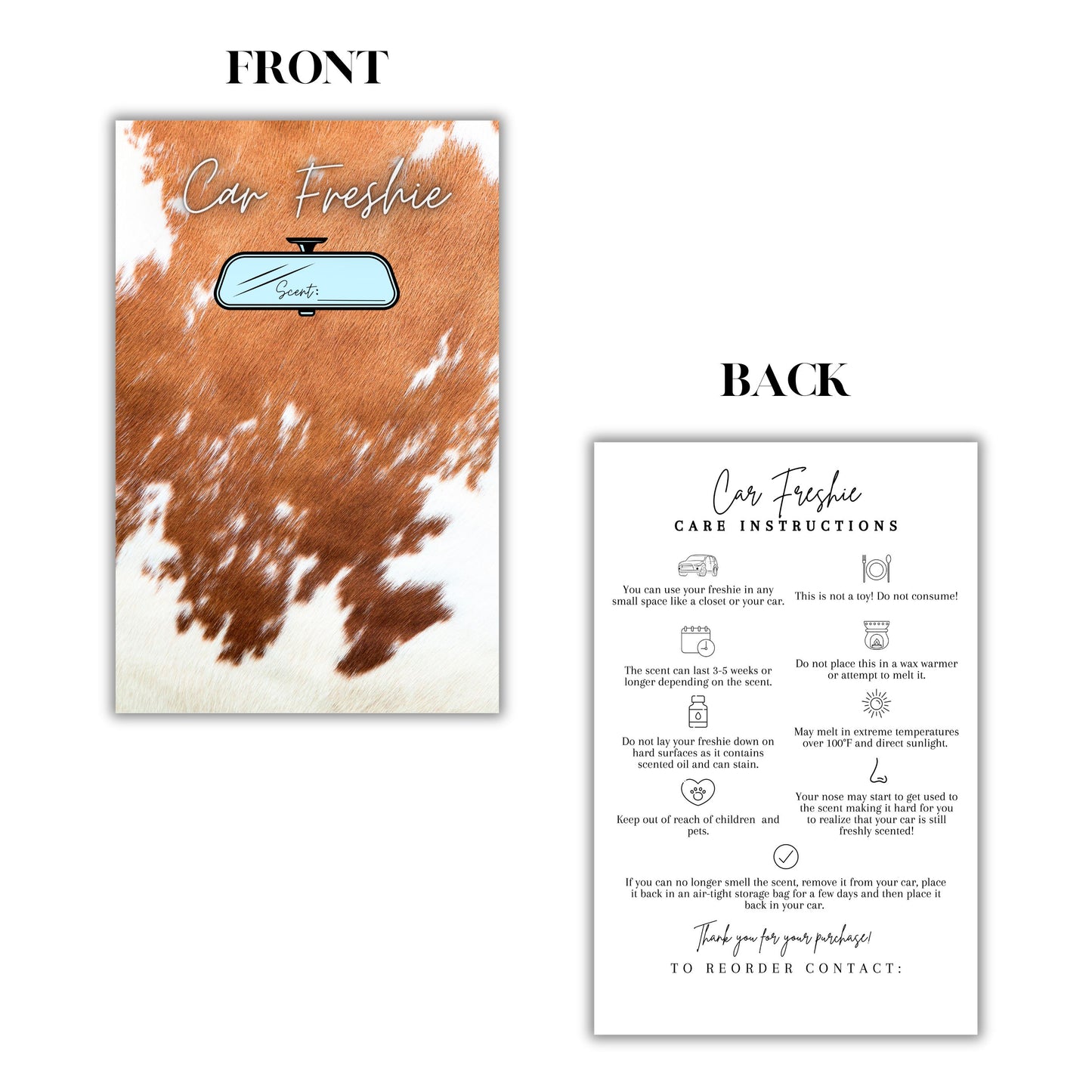 Car Freshie Insert Cards | 50 pk 5.5x8.5” Cow Print Western, fits in 6x9”