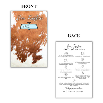 Car Freshie Insert Cards | 50 pk 5.5x8.5” Cow Print Western, fits in 6x9”