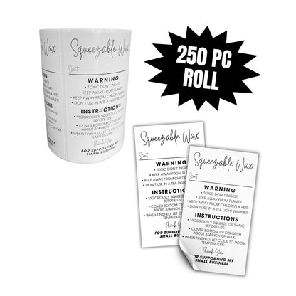 Squeezable Squeezy Wax Instruction Stickers | 250 pc per Roll 2x3.5” Minimalist Cute Warning Labels for Warmer Squish Liquid Scent Write in