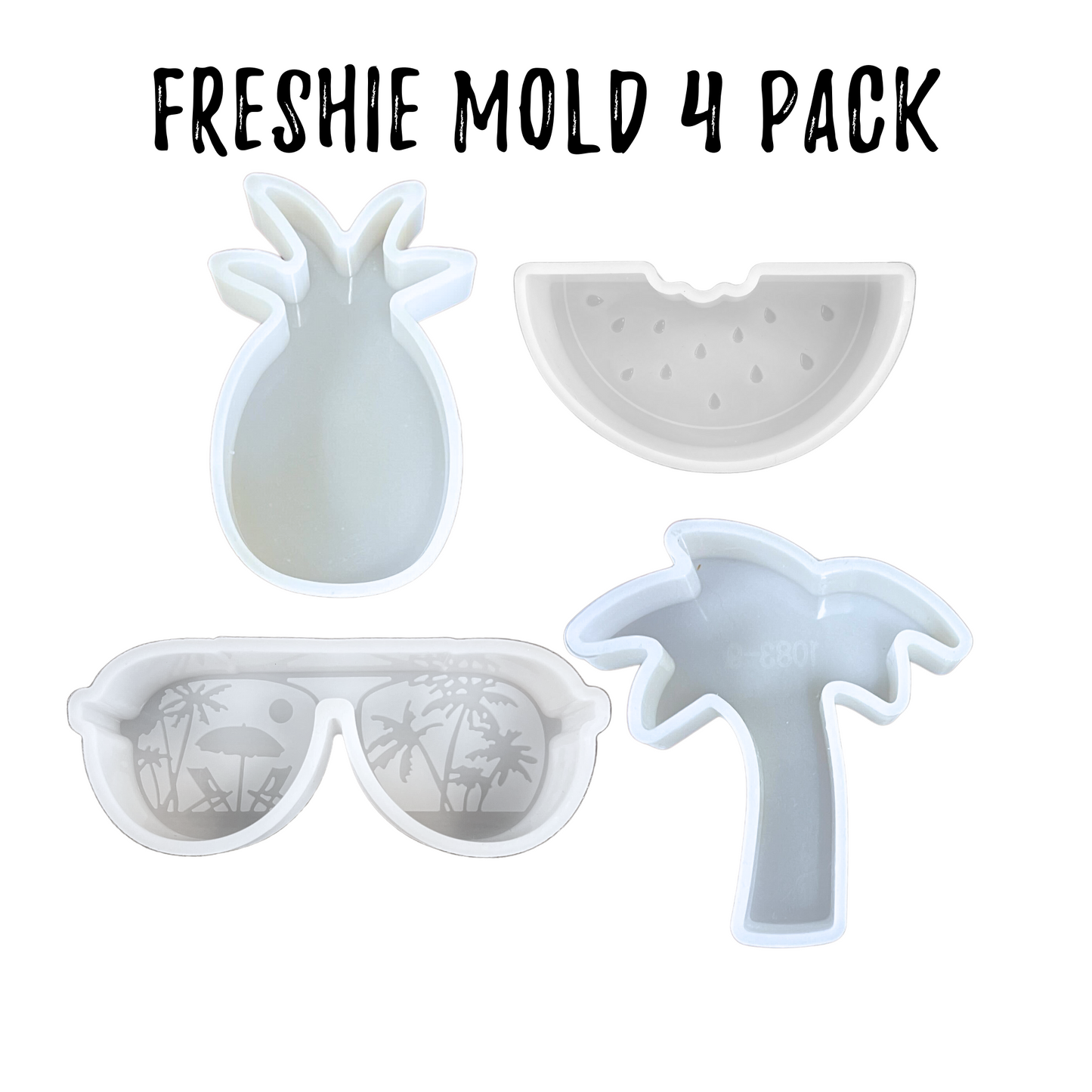 Summer Tropical Palm Tree, Pineapple, Sunglasses, and Watermelon | 4 Pack| Bulk Car Freshie Silicone Molds Wholesale for Scented Aroma Beads Car Candle, Heat Resistant to 450 F Bake Oven Safe