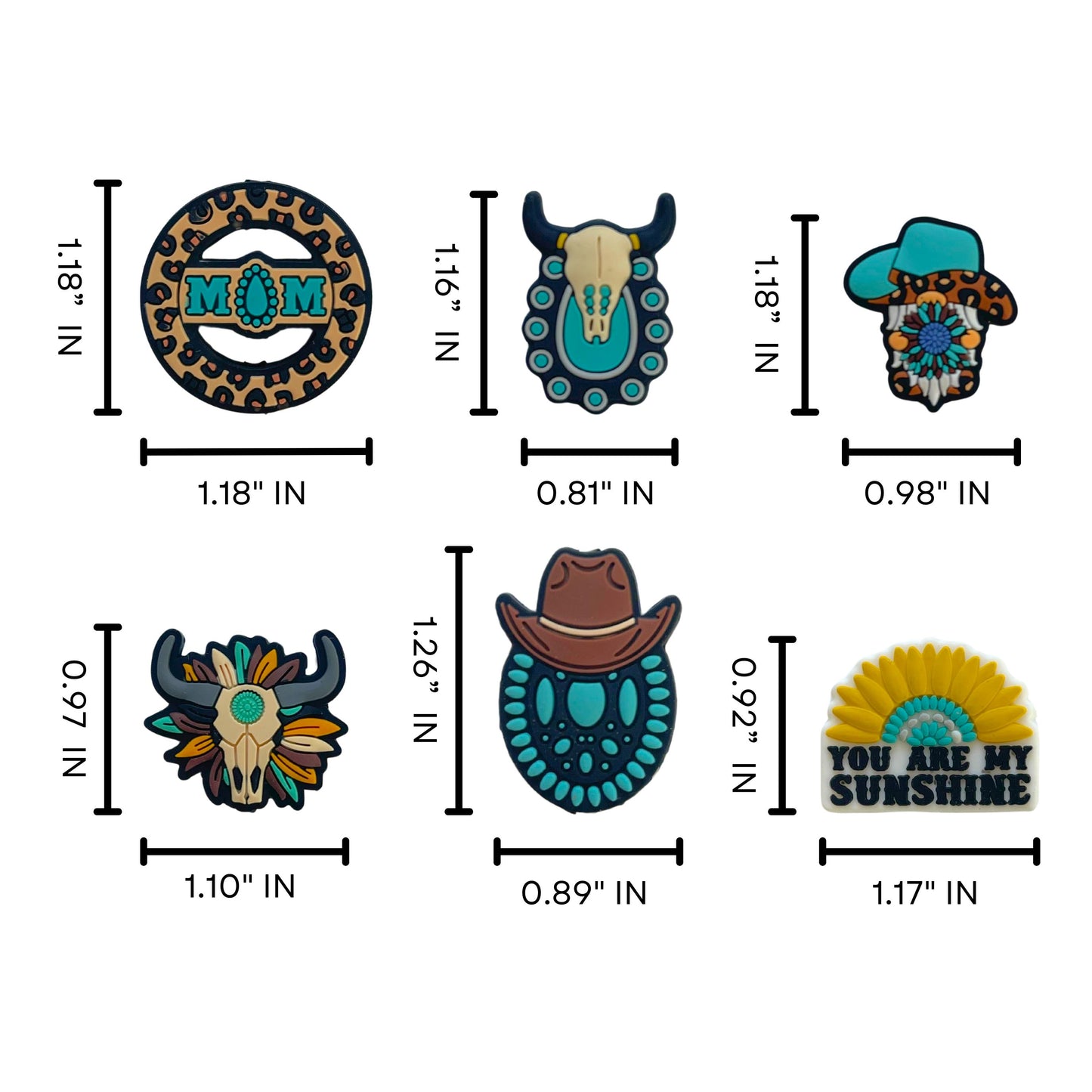 Leopard Turquoise Western Cowboy Hat, Skull, and Sunshine Mom Mixed Bulk Silicone Focal Beads 12pk