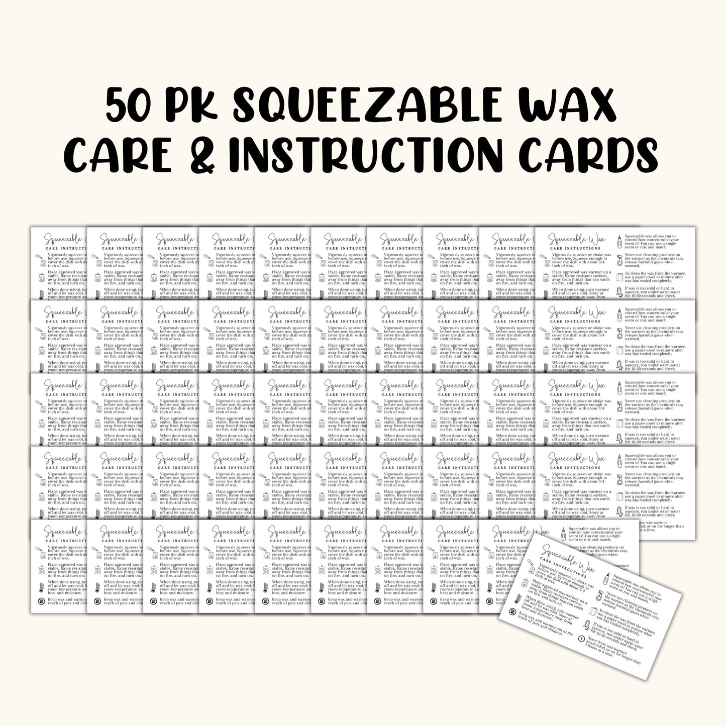 Squeezy Squeezable Wax Bottle Care Instruction Cards | 50 pk 3.5 x 2”