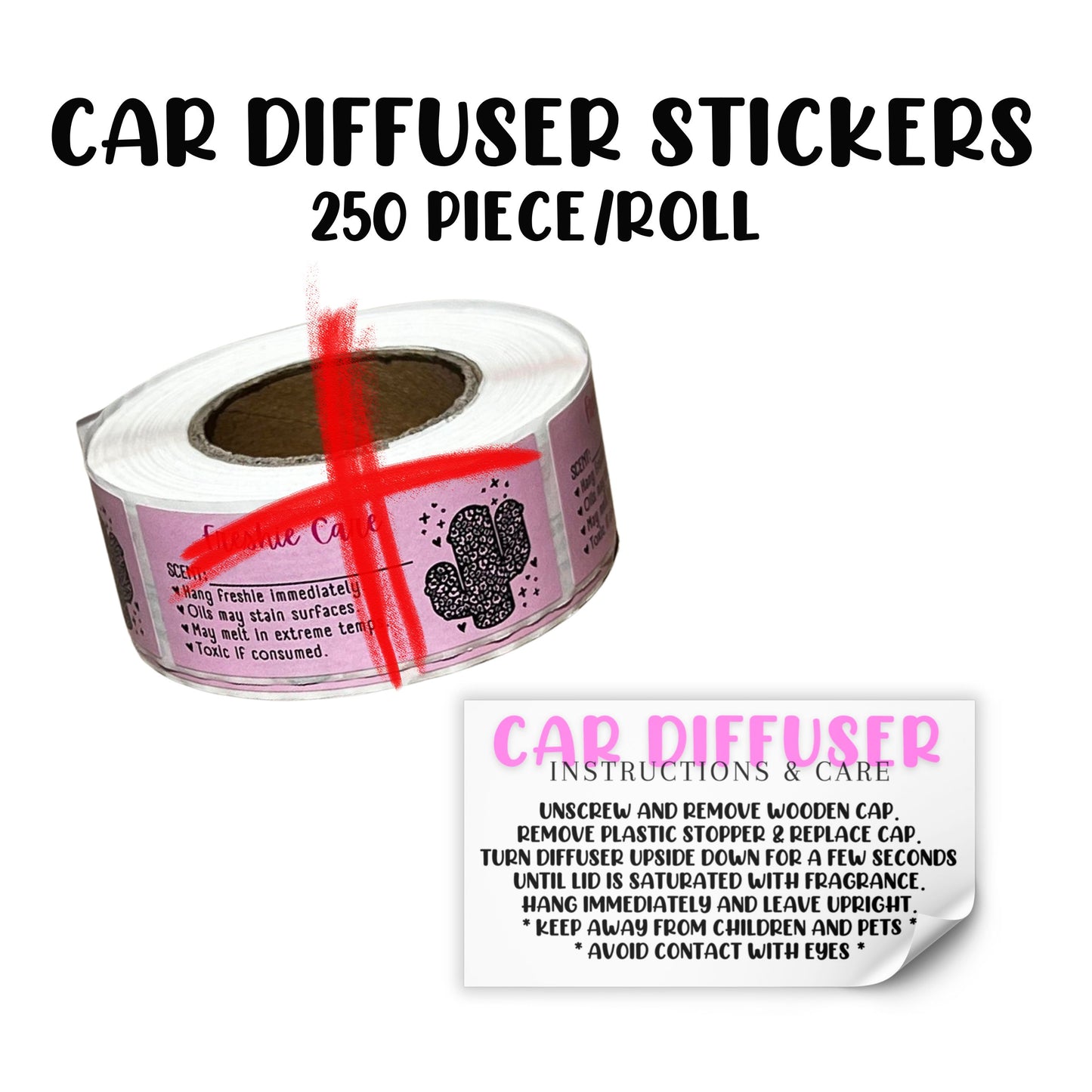 Car Oil Hanging Diffuser Care & Instructions Labels | 250 pc Roll 1.25” x 2.25” Pink