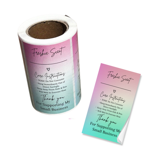 Freshie Warning Care Instruction Card Stickers | 200 Sticker Roll | 2x3.5” | Rainbow Ombre Pink Green