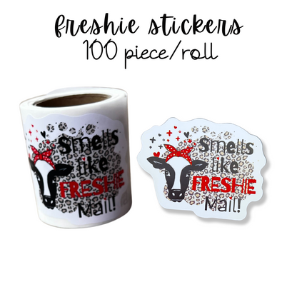 Freshie Sticker Smells Like Freshie Mail Care Instructions | 100 pcs roll | 3x2” | Leopard Cow Fringe