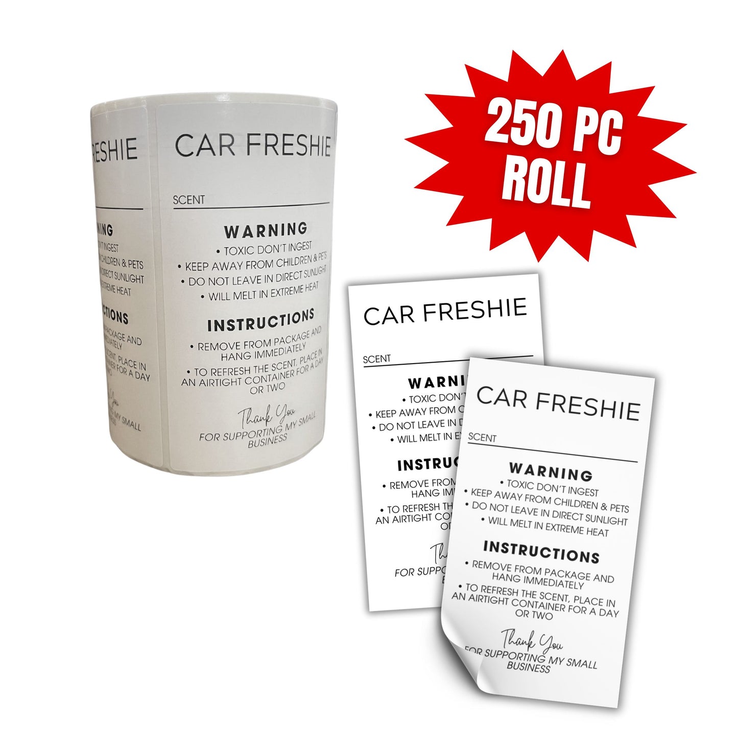 Freshie Care Instructions and Warning Labels Stickers | 2x3.5” 250 pc Roll Car Air Freshener Cards Inserts for Holographic Bag Package Write in Scent