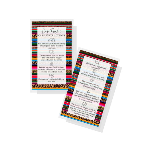 Car Freshie Care Instructions | 50 Pack | 2 x 3.5” inch Business Card | Aztec Design