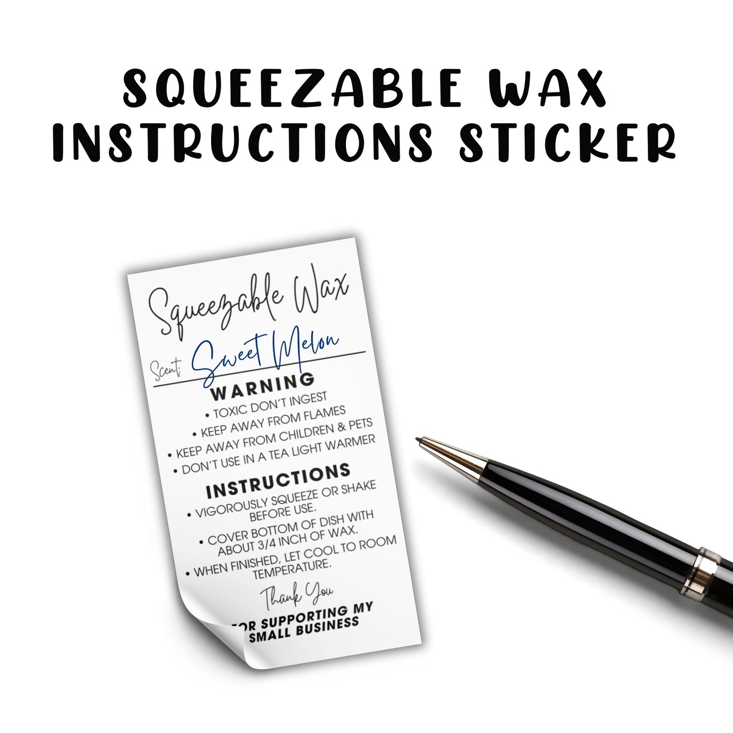 Squeezable Squeezy Wax Instruction Stickers | 250 pc per Roll 2x3.5” Minimalist Cute Warning Labels for Warmer Squish Liquid Scent Write in