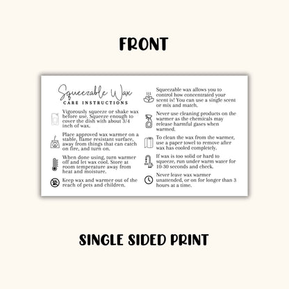 Squeezable Wax Squeezy Care Instruction Cards | 50 pk 3.5x2”