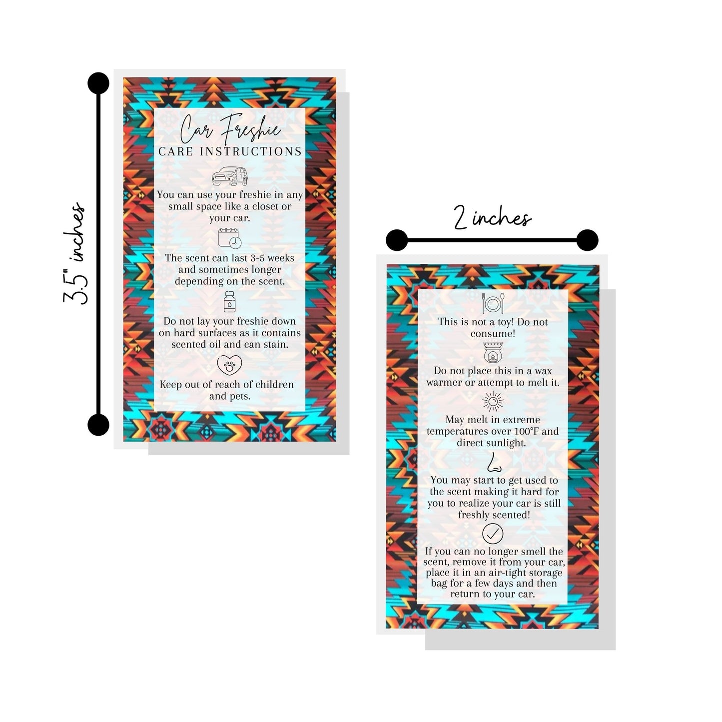 Car Freshie Care Instructions | 50p pack | 2x3.5" inches Business Card | Western Aztec Sarape Design