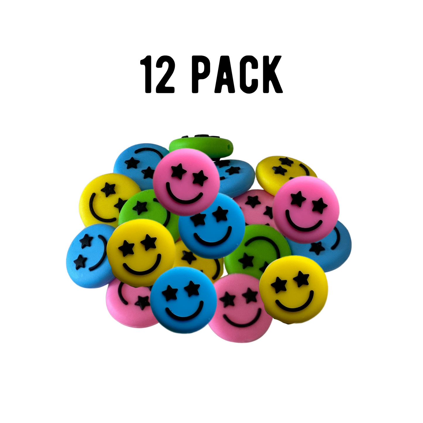 Smiley Face Focal Beads Silicone Mixed Assorted Colors | 12 pk