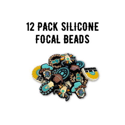 Leopard Turquoise Western Cowboy Hat, Skull, and Sunshine Mom Mixed Bulk Silicone Focal Beads 12pk