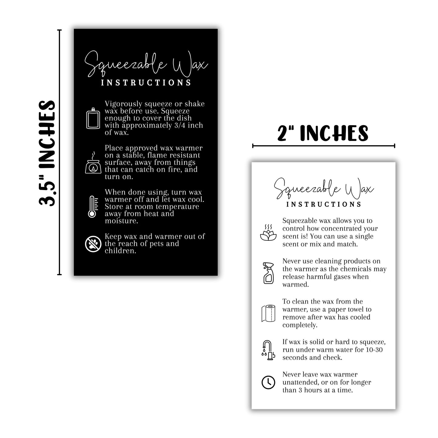 Squeezy Squeezable Wax Bottle Care Instruction Cards | 50 pk 3.5 x 2”