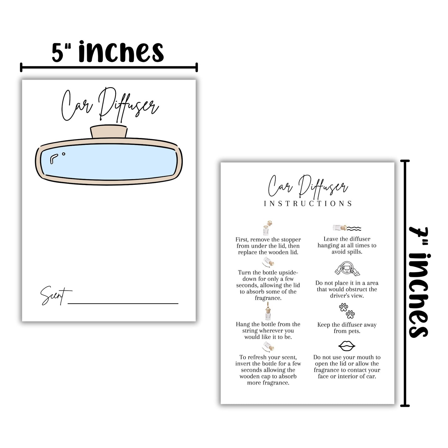 Car Oil Diffuser Package Bag Insert Care Instruction Cards | 50 pk 5x7”