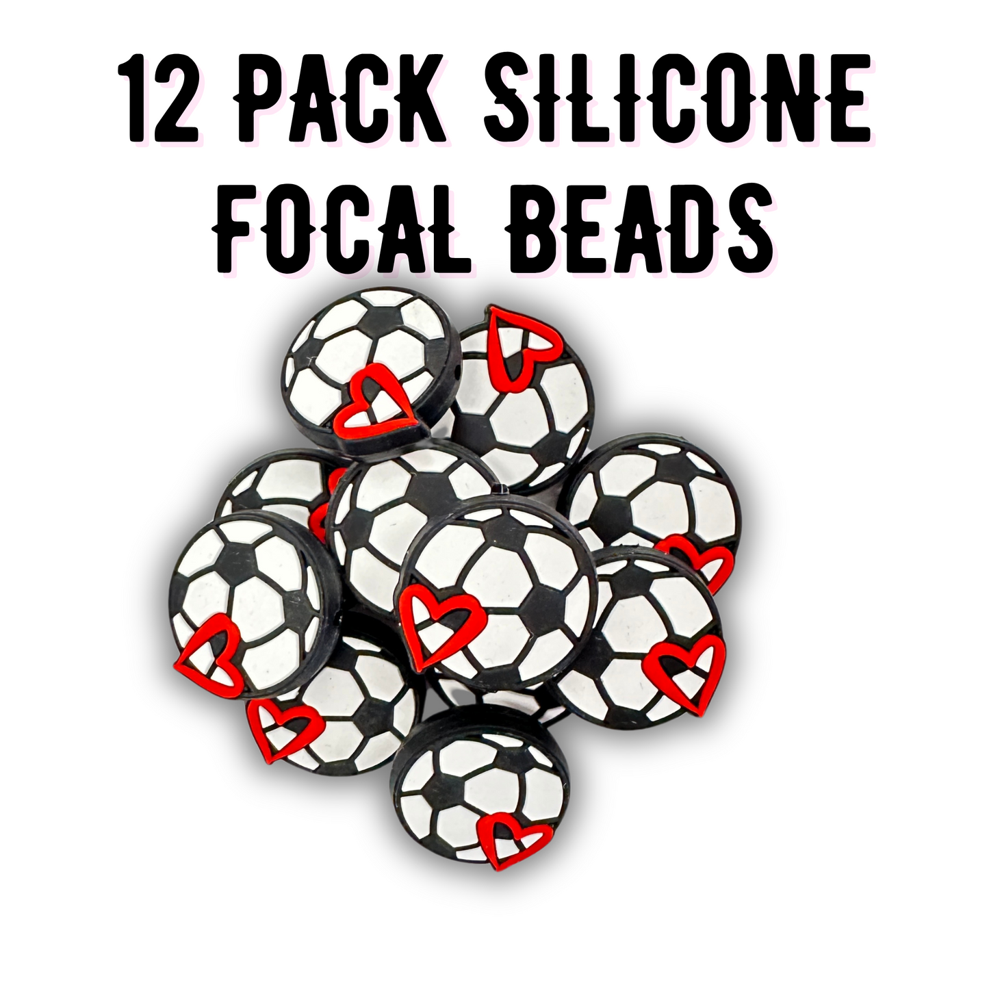 Soccer Ball with Heart  Silicone Bead| 12 pk