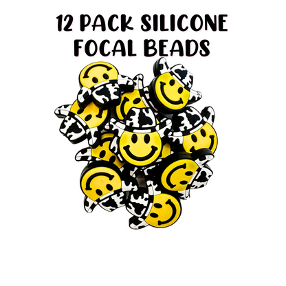 Smiley Happy Face Cow Print Hat Silicone Focal Bead | 12 Pack