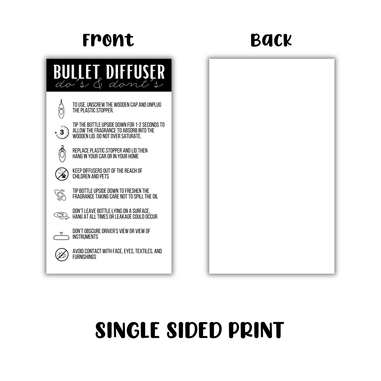 Bullet Car Oil Diffuser Freshie Care Instruction Card | 50 pk 2x3.5” Black