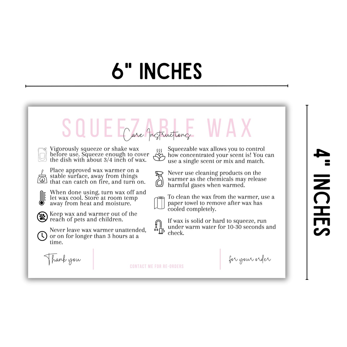 Squeezy Squeezable Wax Bottle Care Instruction Cards | 30 pk 4x6”