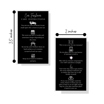 Car Freshie Care Instruction Cards | 2x3.5" inches Business Card