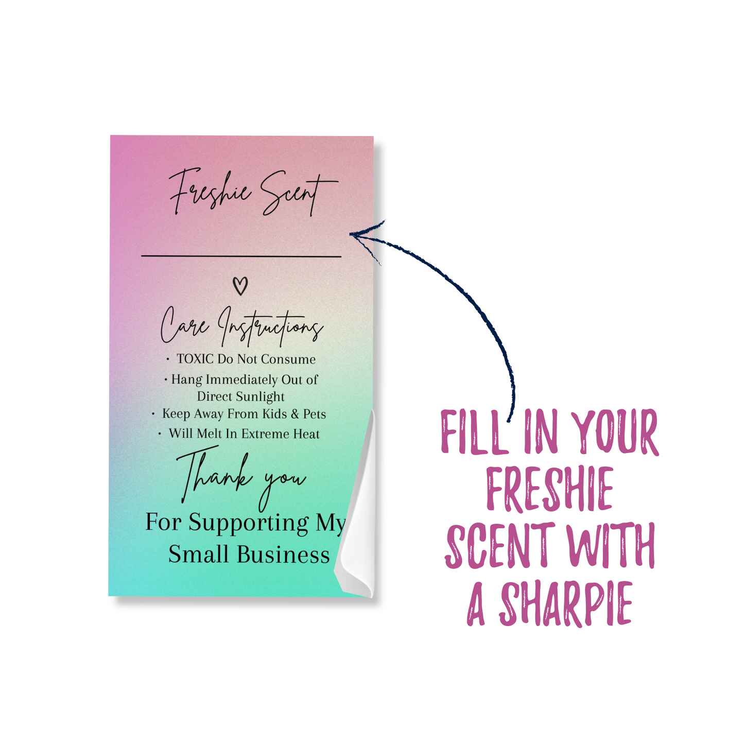 Freshie Warning Care Instruction Card Stickers | 200 Sticker Roll | 2x3.5” | Rainbow Ombre Pink Green