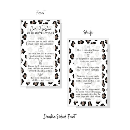 Car Freshie Care Instructions | 50 Pack | 2 x 3.5” inch Business Card| Leopard Design