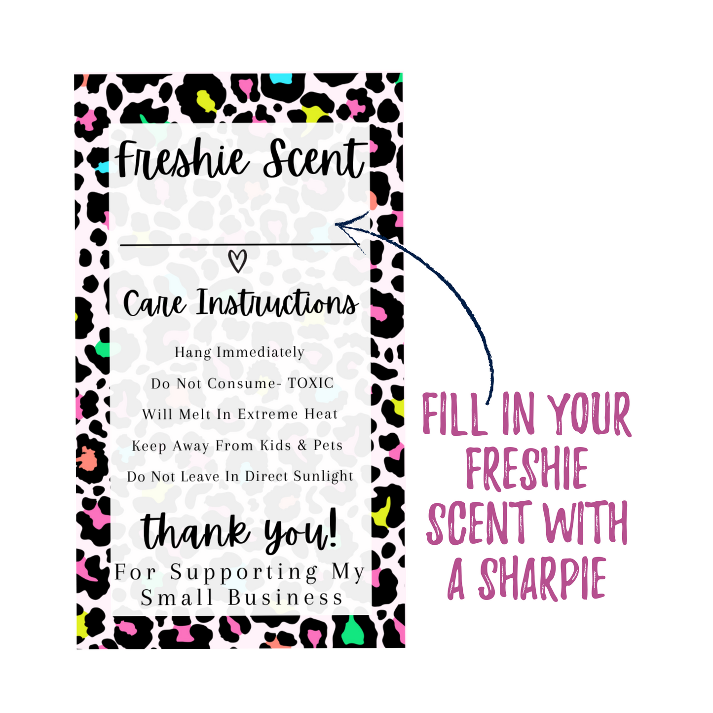 Freshie Warning Care Instruction Card Stickers | 200 Sticker Roll | 2x3.5” Rainbow Leopard