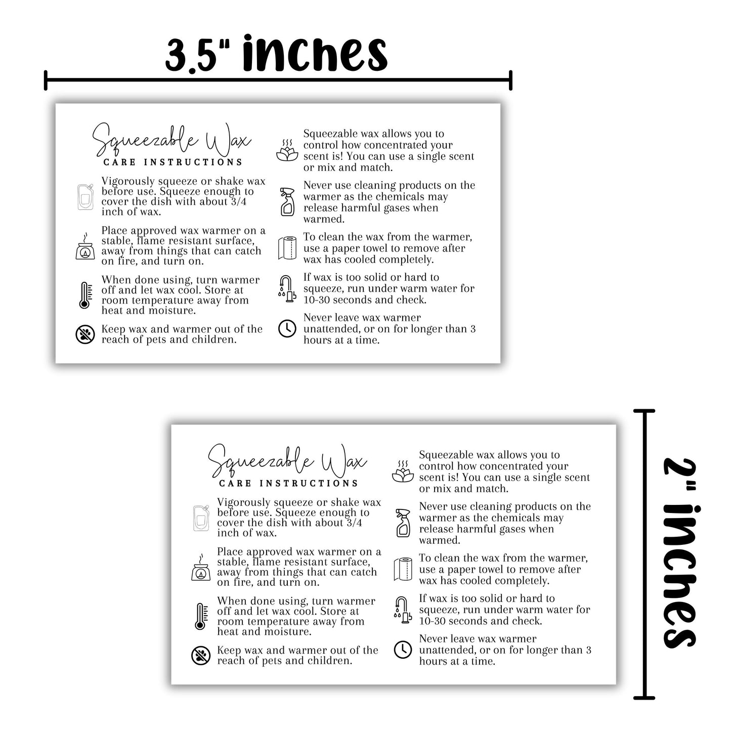 Squeezable Wax Squeezy Care Instruction Cards | 50 pk 3.5x2”