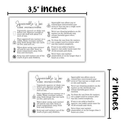 Squeezable Wax Squeezy Care Instruction Cards | 50 pk 3.5x2”
