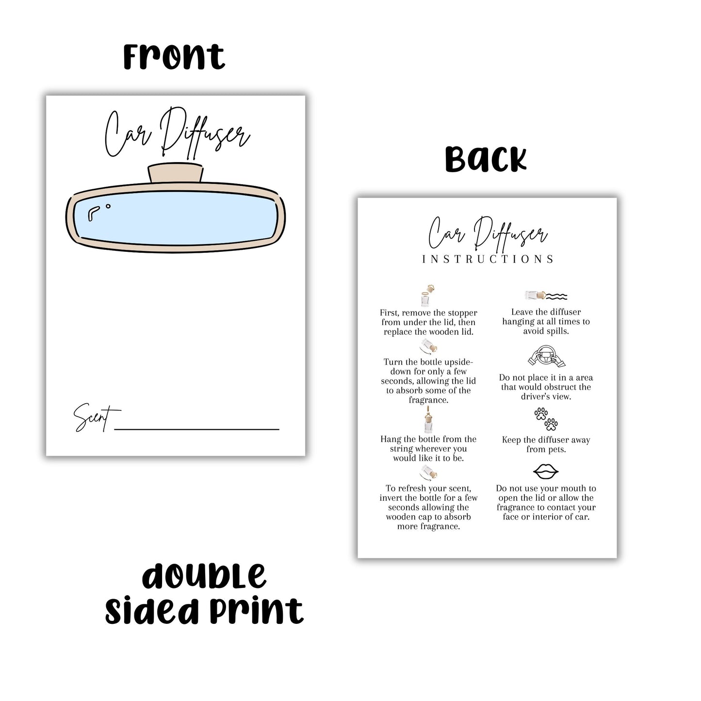 Car Oil Diffuser Package Bag Insert Care Instruction Cards | 50 pk 5x7”