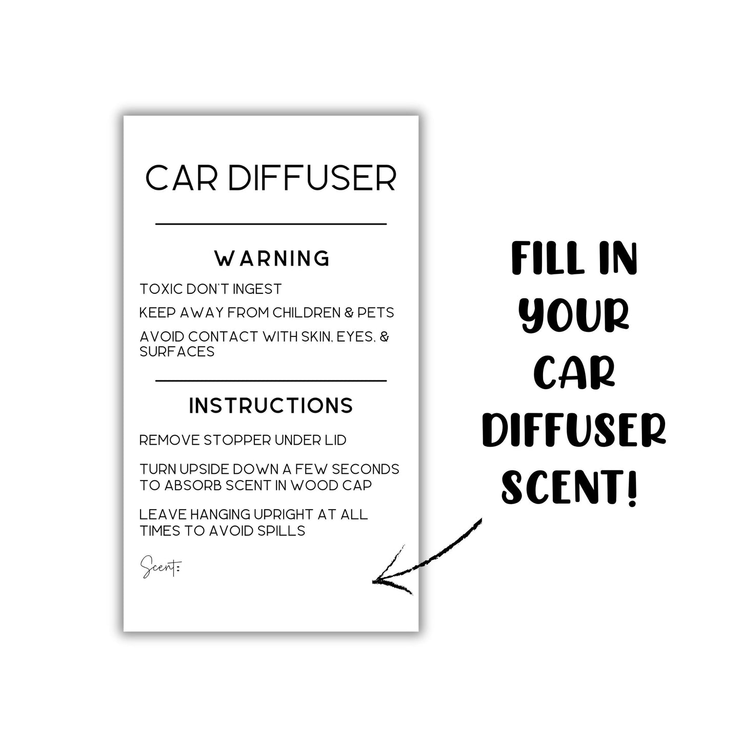 Car Oil Diffuser Vent Warning Labels and Instruction Stickers | 250 per Roll 2x3.5” Scent Write in How to Use Minimalist Card Air Freshie Freshener