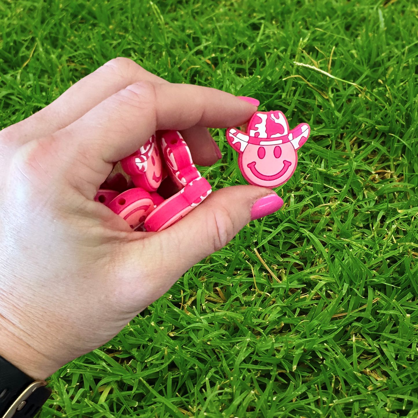 Pink Cow Print Cowgirl Hat Silicone Focal Bead | 12 Pack