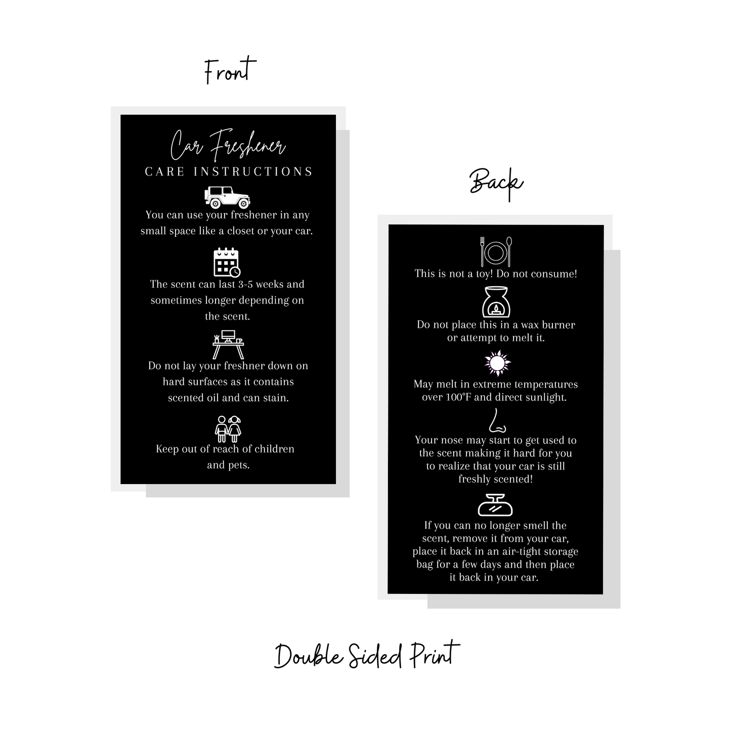 Car Freshie Care Instruction Cards | 2x3.5" inches Business Card