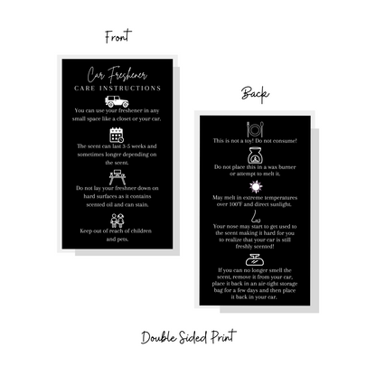 Car Freshie Care Instruction Cards | 2x3.5" inches Business Card