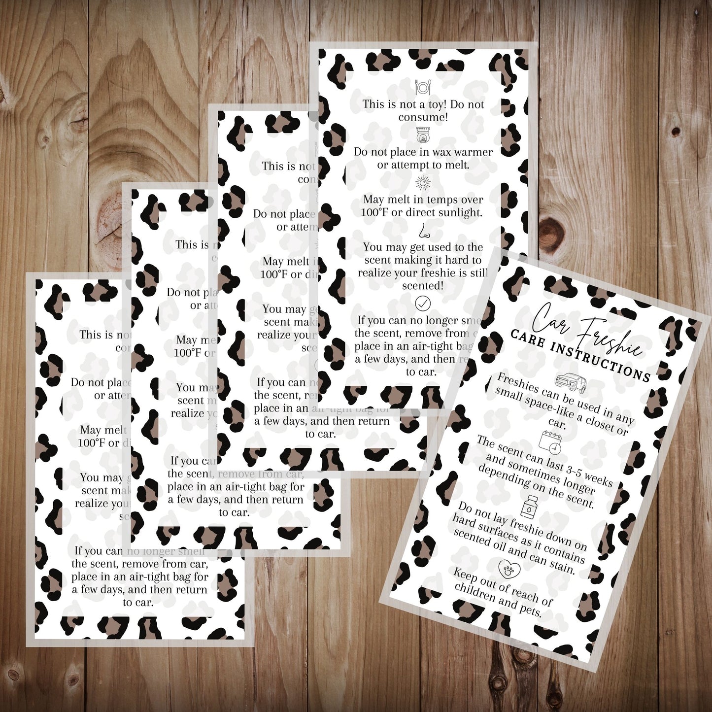 Car Freshie Care Instructions | 50 Pack | 2 x 3.5” inch Business Card| Leopard Design