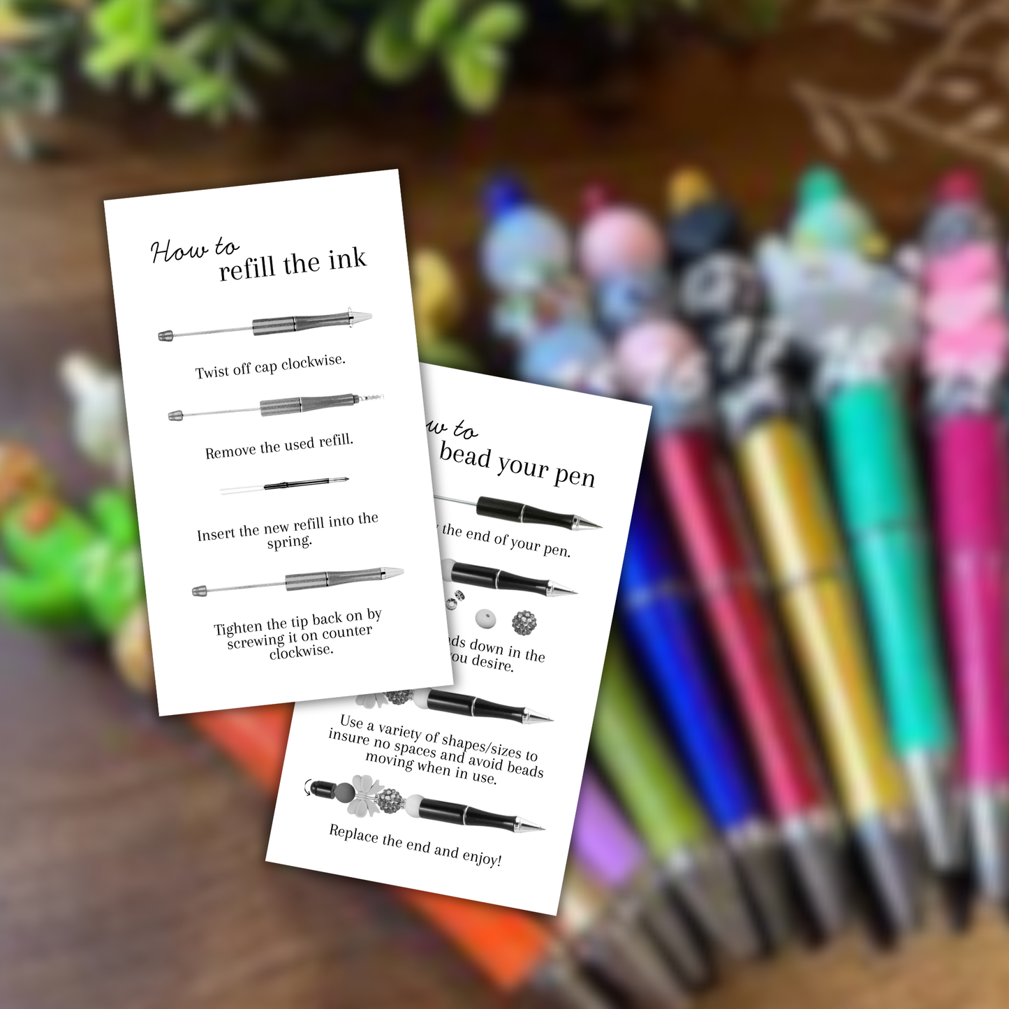 How To Bead Your Pen with Focal Beads and Refill the Ink Instruction Cards Cards 400pk 2x3.5” For DIY Beadable Pen Crafters Sellers Packaging