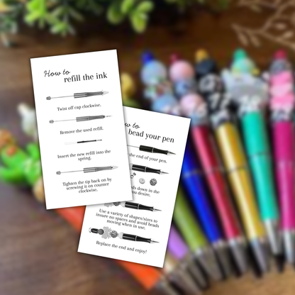 How To Bead Your Pen with Focal Beads and Refill the Ink Instruction Cards Cards 400pk 2x3.5” For DIY Beadable Pen Crafters Sellers Packaging
