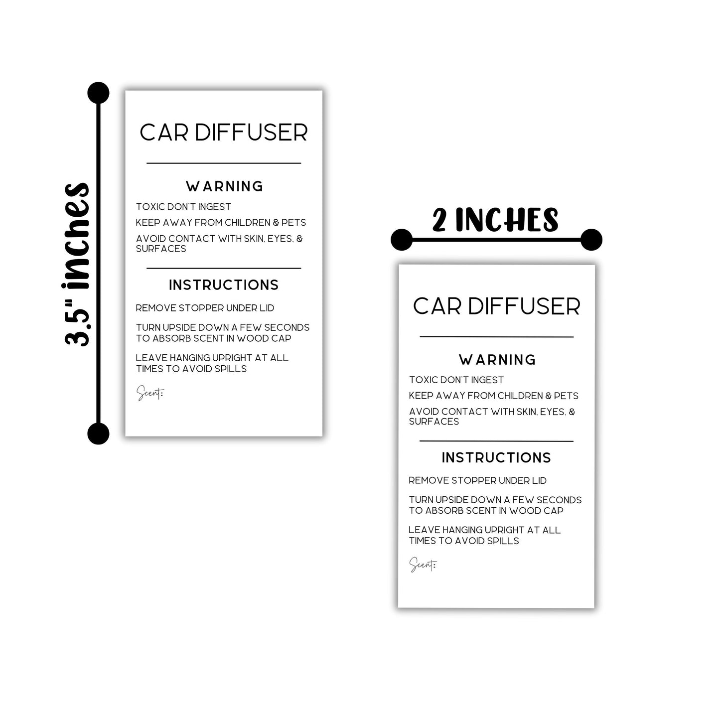 Car Oil Diffuser Vent Warning Labels and Instruction Stickers | 250 per Roll 2x3.5” Scent Write in How to Use Minimalist Card Air Freshie Freshener